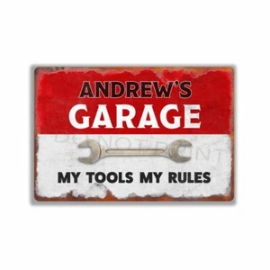 Andrews Garage Sign Personalized Rustic Red OVER White METAL SIGN or DECAL - Picture 1 of 24