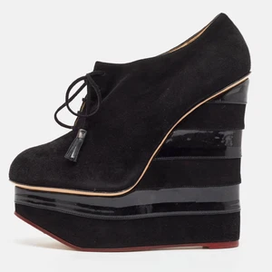 Charlotte Olympia Black Suede and Patent Leather Martha Wedge Booties Size 40 - Picture 1 of 9