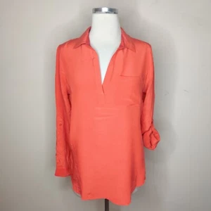 A Pea in the Pod Maternity Silk Blouse Size Small Orange Roll Tab Sleeves - Picture 1 of 8