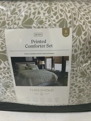 🕋 Threshold QUEEN Floral Printed Comforter Set Green,8 Pieces 🆕AS SHOWN - Image 1 of 4