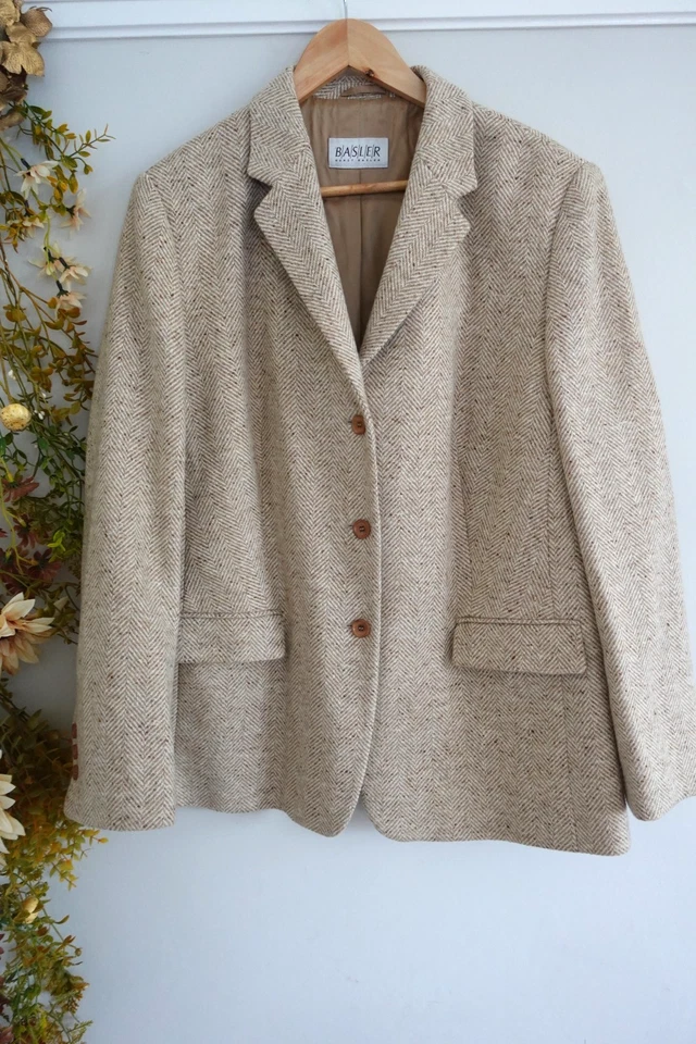 STUNNING BASLER BEIGE MIX 100% WOOL FLECKED HERRINGBONE TWEED BLAZER JACKET 22 - Image 1 of 4