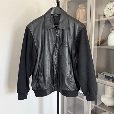 Chaqueta de bombardero universitaria de lana de cuero negra Mercedes Benz M Motociclista Moto Vintage Logo Foto 1 de 4