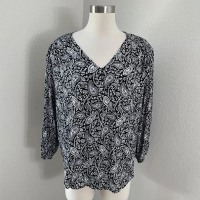 Blusa Liz Claiborne Mujer XXL Negra Blanca Paisley Cuello en V Manga Larga Rayón Top Foto 1 de 4