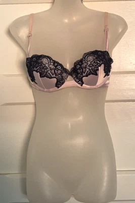 Kayser Women’s Pink Nude Navy Blue Floral Lace Trim Balcony Bra Size 10B - image 1 of 4