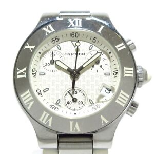 Auth Cartier Must 21 Chronoscaph SM W10197U2 White 656485NX Silver Wrist Watch