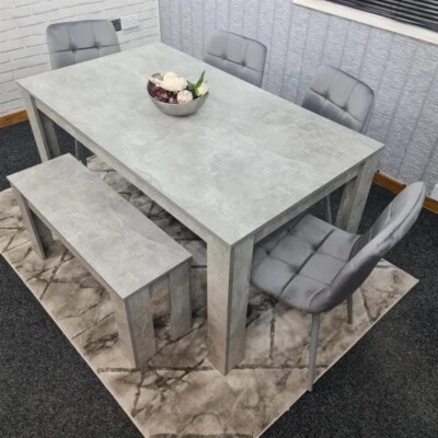 Grey MDF Dining Table Set with 4 Padded Chairs & Bench for Kitchen Room - Image 1 of 4