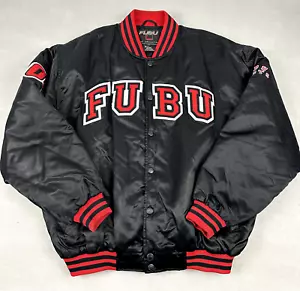 FUBU Sports Jacket Men Extra Large Black Red Spell Out Snap Satin Bomber XL - Picture 1 of 7