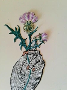 Hand With Thistle Flower Large Handmade Sew-On Embroidered Patch - Picture 1 of 5