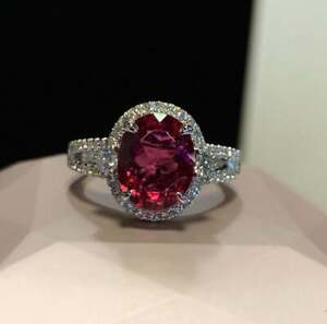 2.50Ct Oval Cut Pink Tourmaline Diamond Halo Engagement Ring 14K White Gold Over