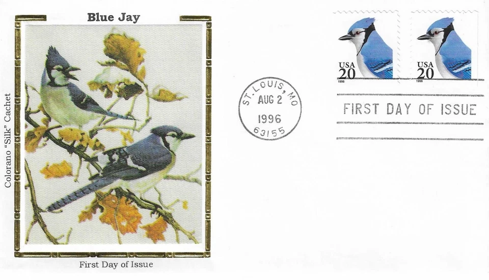 Blue Jay Cyanocitta Cristata Bird Wildlife USA Clean Gold Colorano Silk FDC 1996 - Image 1 of 1