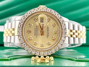 Rolex Ladies Datejust 26mm 18k Yellow Gold/Steel ICED 2ct Diamonds Gold Dial - Picture 1 of 11