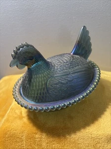 Indiana Glass Hen On Nest Carnival Iridescent Blue Dish *Chip Read Description* - Picture 1 of 3