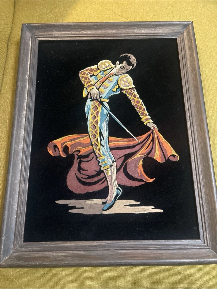 Vintage Black Velvet Painting Spanish Matador Bullfighter MCM 12" x 16" - Image 1 of 1