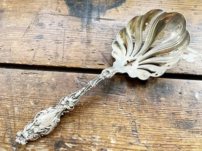 Antique Sterling Whitings Lily 9” Scalloped Pierced Large Serving Spoon w/ Mono - Image 1 of 4
