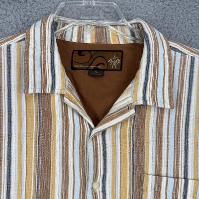 Prana Shirt Mens XL Mustard Blue Brown Cotton Striped S/S Button Up VTG - Image 1 of 4