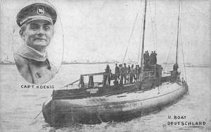 GERMAN PHOTO POSTCARD: U BOAT DEUTSCHLAND & CAPTAIN KOENIG - Picture 1 of 2