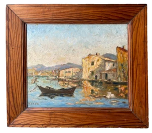 PORT OF MARTIGUES BY OLIVE -  FRENCH SIGNED  -  ANTIQUE IMPRESSIONIST OIL 1930's - Picture 1 of 17
