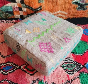 24x24 Moroccan Handmade Pouf Berber Grey Kilim Rug Floor Cushion Footstool - Picture 1 of 8