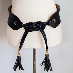 BCBGMaxazria, Black Vegan Leather Knot Tie Tassel Tie Stretch Belt Size Small - Picture 1 of 9