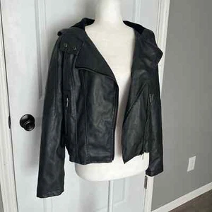NEW LOOK Black Faux Leather Hooded Moto Biker Jacket- XS/S - Picture 1 of 4