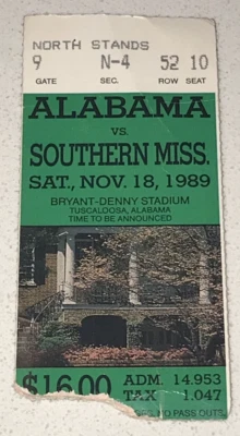 Brett Favre 300+ Southern Miss Alabama NCAA Football Ticket Stub 11/18/1989  - Image 1 of 2