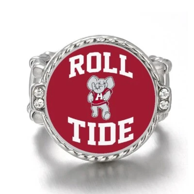 Especificación. Anillo Alabama Crimson Tide Roll Tide plateado para mujer con acento de cristal D12 Foto 1 de 4