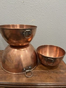 Vintage Copper Mixing Bowls Set Of 3 Ring Handles Nesting Bowls - Picture 1 of 8