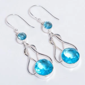 Sky Blue Topaz Gemstone Ethnic Handmade 925 Sterling Silver Earrings 2.2" Q570 - Picture 1 of 6