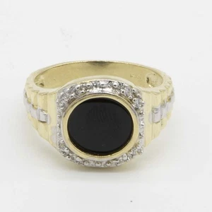 Railroad Round CZ Black Onyx Signet Ring Real Solid 10K Yellow White Gold - Picture 1 of 5