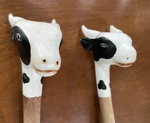 Holstein Wood Salad Servers Cows 12.5 Inches Long Fork Spoon Hand Carved - Picture 1 of 4