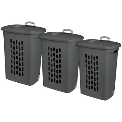 Sterilite Ultra Wheeled Hamper, Laundry Basket w/Lid & Handle, Flat Grey, 3 Pack - Image 1 of 4