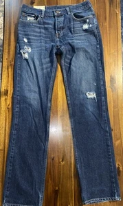 Hollister Classic Straight Jeans Mens 32 x 34 Dark Blue Distressed Button Fly - Picture 1 of 10