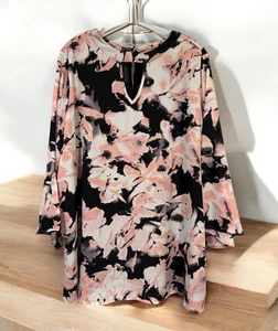 AVENUE Damen Tunika Top 2X 22/24 halbtransparent rosa Blumen Schlüsselloch Glockenärmel EPOC - Bild 1 von 9