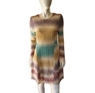 Vestido M MISSONI Multicolor Icónico Zig Zag Tejido 8 Ajuste Acampanado Diseñador Silencioso Lujo Foto 1 de 4