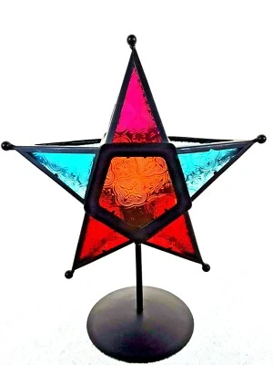 Candelabro de té estrella de metal de hierro de vidrio de 4 colores 12,25" x 10" puerta de acceso elevadora  Foto 1 de 4