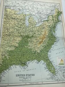 1910: Antique Physical Map Of United States Eastern Section Vintage 110 Yrs Old
