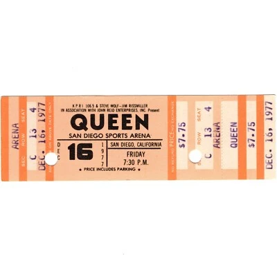 QUEEN Concert Ticket Stub SAN DIEGO 12/16/77 SPORTS ARENA NEWS OF THE WORLD TOUR - Image 1 of 2