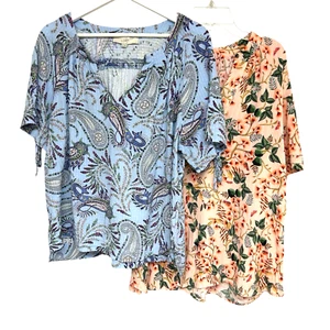 Lot(2) LOFT Floral Paisley Seersucker Tunic Blouse XL Blue Peach Tapestry Office - Picture 1 of 13