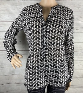 41Hawthorn Satin Blouse Small Black White Leaf Patterned 1/2 Button Down Shirt - Picture 1 of 12