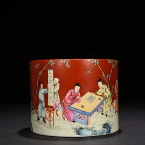 8" qing dynasty qianlong mark Porcelain allite red famille rose man Brush Pot - Picture 1 of 9