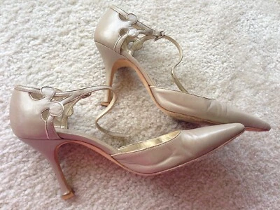 Manolo Blahnik 37.5 all-leather neutral tones gold ankle strap heels pumps WORN - Image 1 of 4