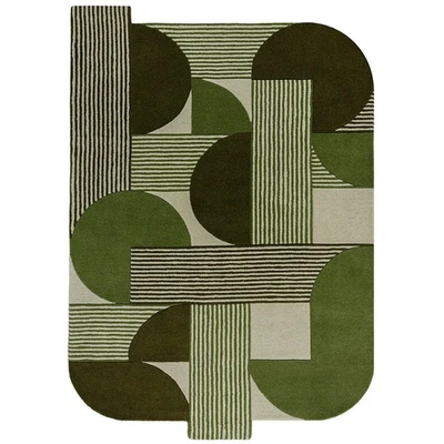 Hand Tufted Green Geometric Area Rug, Modern Abstract Wool Carpet with Striped - Image 1 of 2