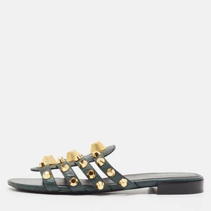 Balenciaga Green Leather Arena Flat Sandals Size 37.5 - Picture 1 of 9