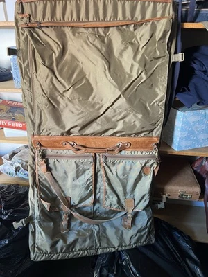 Hartmann Khaki Nylon Brown Leather Folding Hanging Garment Bag Luggage Vintage - Image 1 of 2