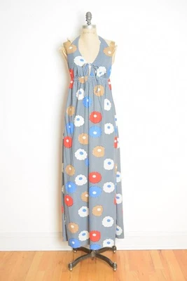 Vestido de sol vintage años 70 azul marino estampado floral amapola halter largo maxi hippie boho M Foto 1 de 4