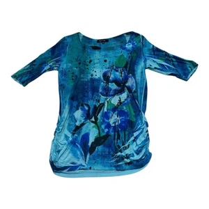 BLEU Blouse Floral Cinched Top SZ XL Flower with Bling - Picture 1 of 13