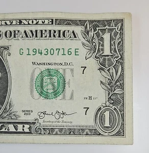 JULY 16 1943 BIRTHDAY, 2013 $1 DOLLAR BILL, FANCY SERIAL NUMBER, G19430716E - Picture 1 of 3