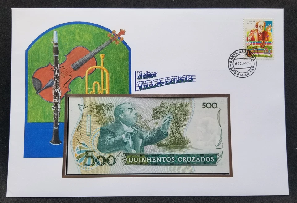 Brasil Heitor Villa-Lobos Nacimiento Centenario 1988 Música Musical FDC (portada de billete Foto 1 de 4