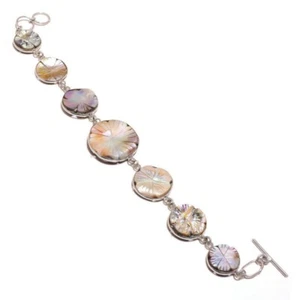 Sparkling Mother of Pearl Gemstone Handmade Engraved Flower Statement Bracelet - Picture 1 of 3