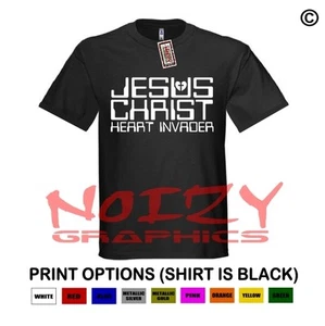 Jesus Christ Heart Invader Christian Shirt Black T-Shirt Cross Religious Retro - Picture 1 of 1